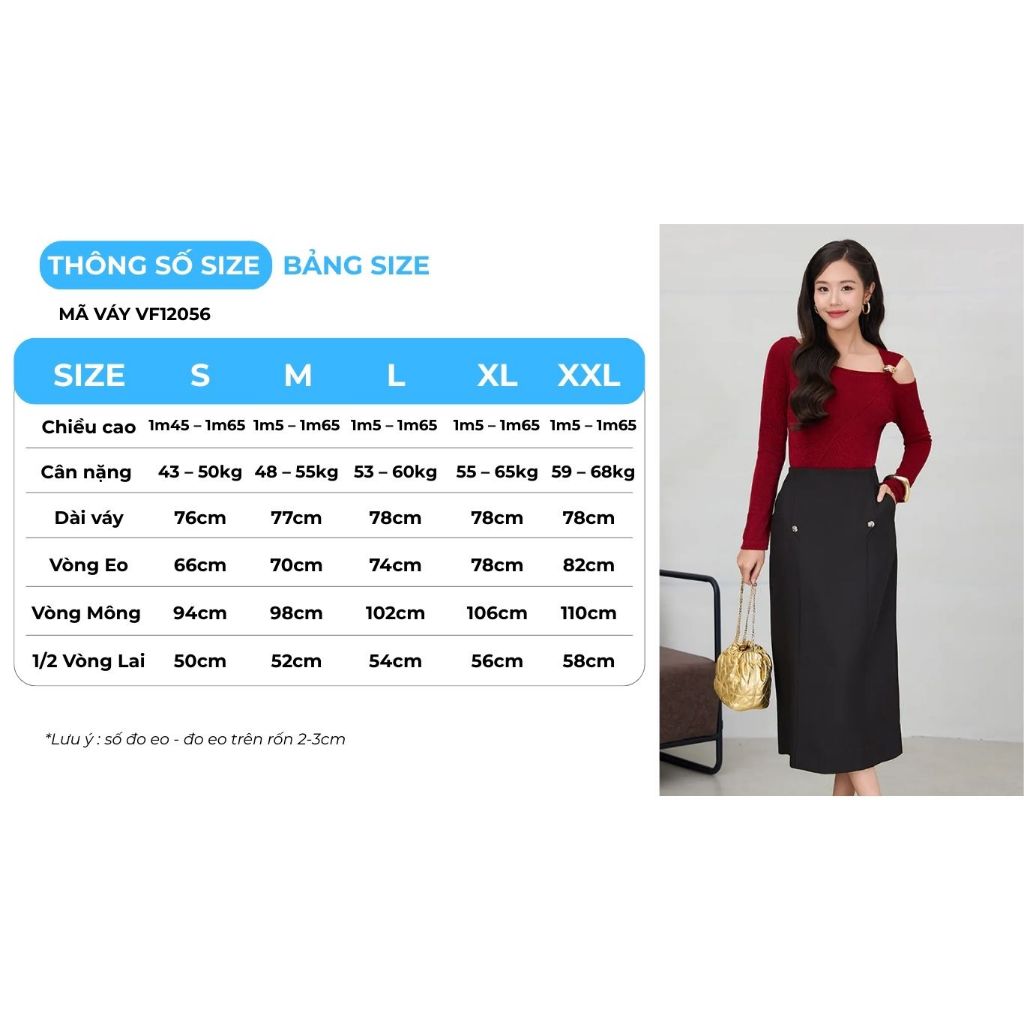 Chân váy GUMAC midi dáng suông lưng liền có hai túi sườn đính nút kiểu VF12056