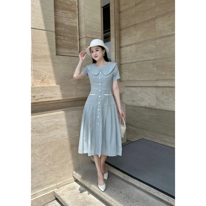 Đầm công sở nữ vải gân Hàn cổ bèo tay ngắn, váy công sở thanh lịch,Váy đầm nữ dáng midi ZOMI Z049