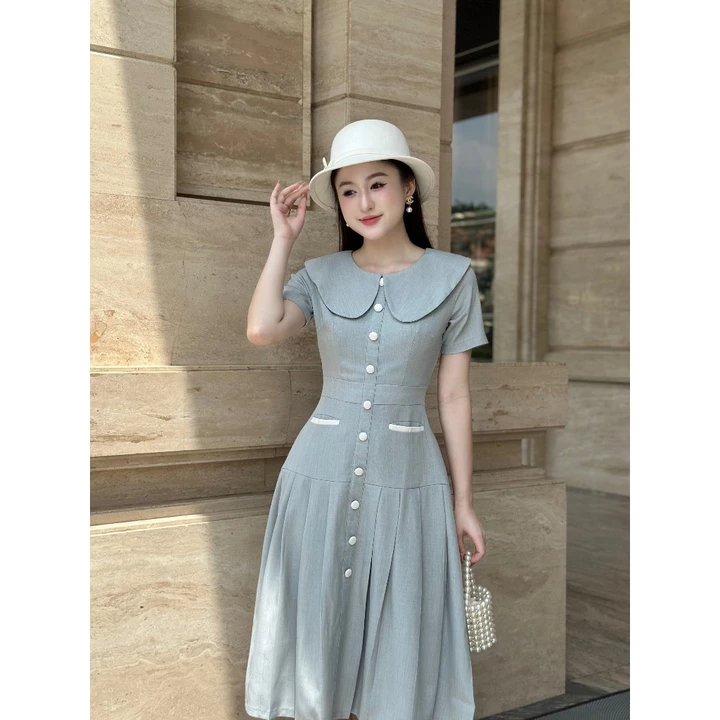 Đầm công sở nữ vải gân Hàn cổ bèo tay ngắn, váy công sở thanh lịch,Váy đầm nữ dáng midi ZOMI Z049
