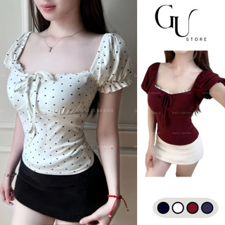 Áo thun nữ cổ vuông phối ren thắt nơ bo viền ngực tôn V1 tay phồng xinh xắn vải cotton mềm mịn