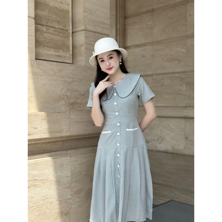 Đầm công sở nữ vải gân Hàn cổ bèo tay ngắn, váy công sở thanh lịch,Váy đầm nữ dáng midi ZOMI Z049