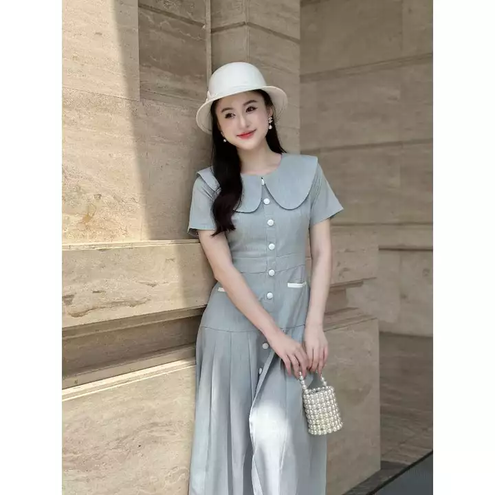 Đầm công sở nữ vải gân Hàn cổ bèo tay ngắn, váy công sở thanh lịch,Váy đầm nữ dáng midi ZOMI Z049