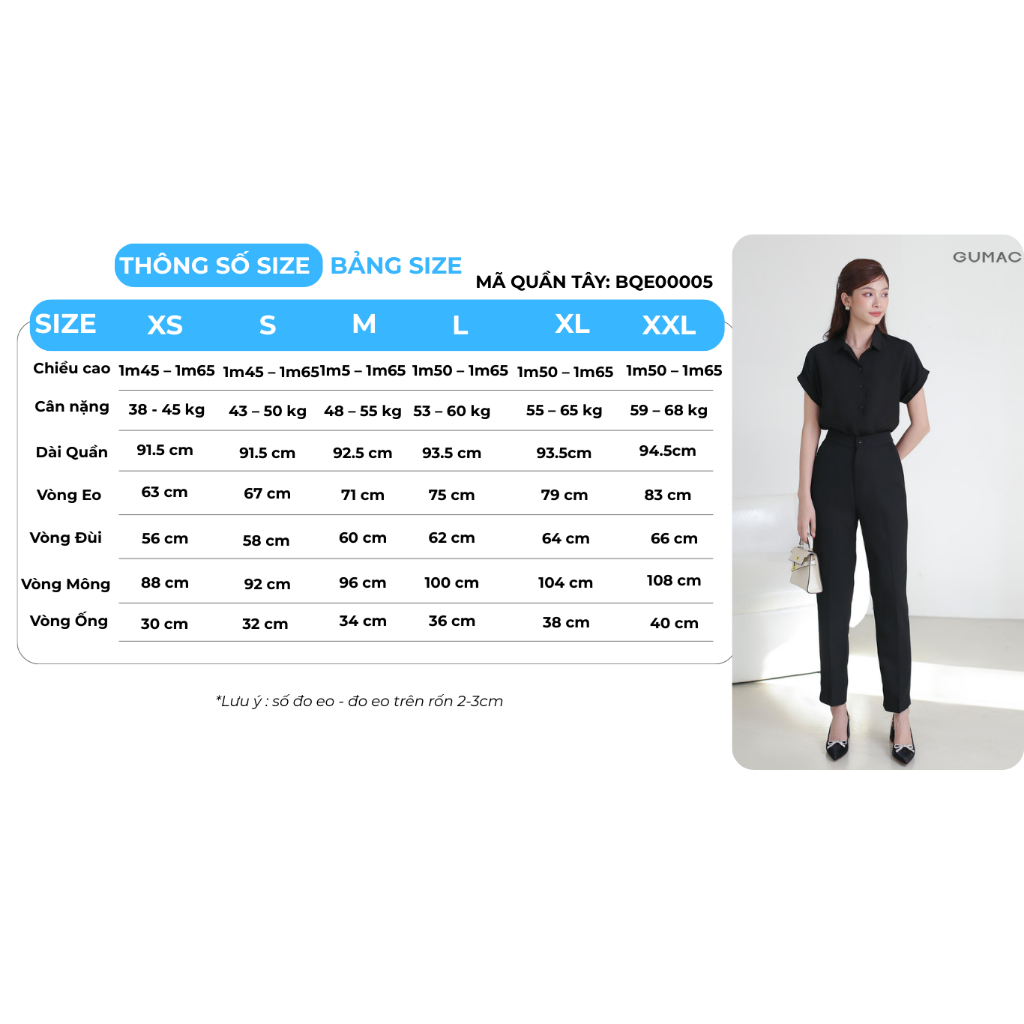 Quần Tây Nữ GUMAC Ống Đứng Lưng Cao Cạp Cao Chất Tuyết Mưa Tôn Dáng BQE00005