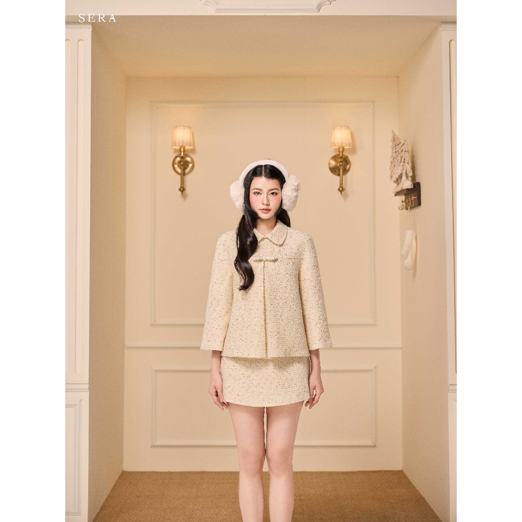 SERA - Set áo cổ sen tay lỡ đính nơ và chân váy chữ a dạ tweed REMI (TÁCH SET)