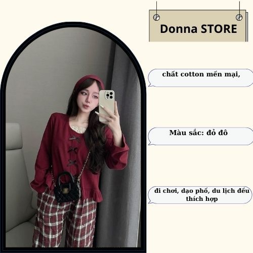Set đồ nữ, đồ bộ nữ DONNA HCOM3543 áo kiểu nữ đính nơ viền bèo mix quần suông kẻ caro