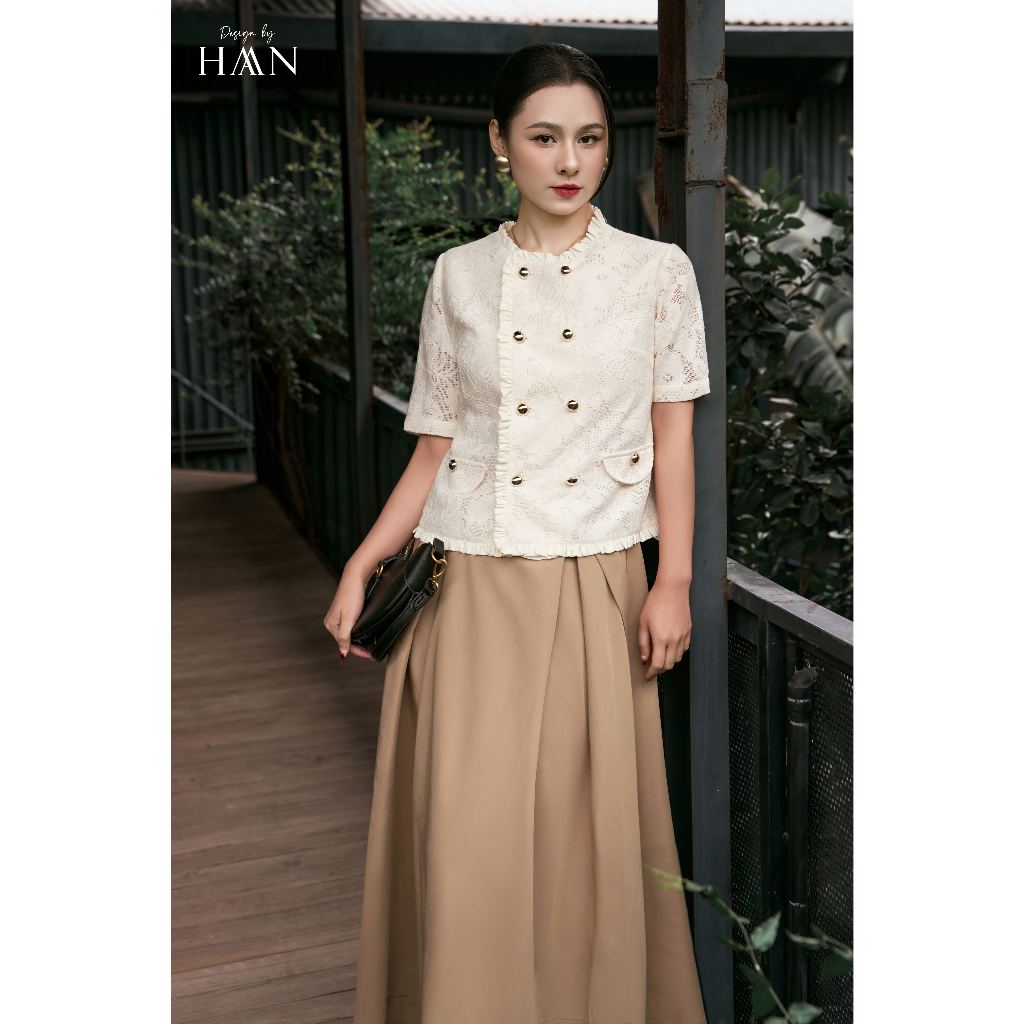 Áo Sơ Mi Công Sở Nữ Cổ Tròn Ren Màu Kem Be Đính Cúc Lịch Sự Sang Trọng HAAN Design SM1104