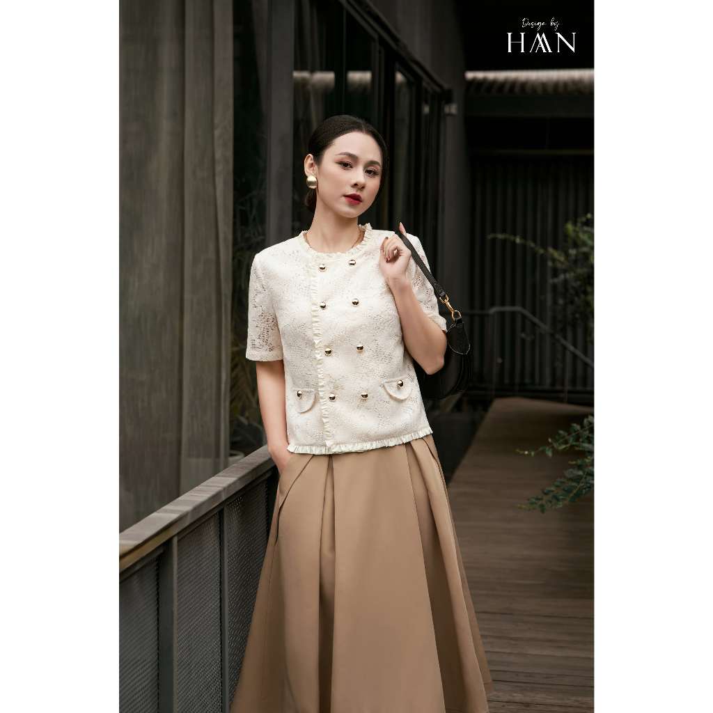 Áo Sơ Mi Công Sở Nữ Cổ Tròn Ren Màu Kem Be Đính Cúc Lịch Sự Sang Trọng HAAN Design SM1104