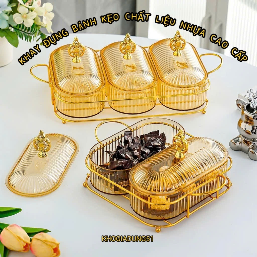 (MẪU MỚI) Khay nhựa đựng bánh kẹo kèm đế kim loại 2 ngăn, 3 ngăn cao cấp,4 ngăn