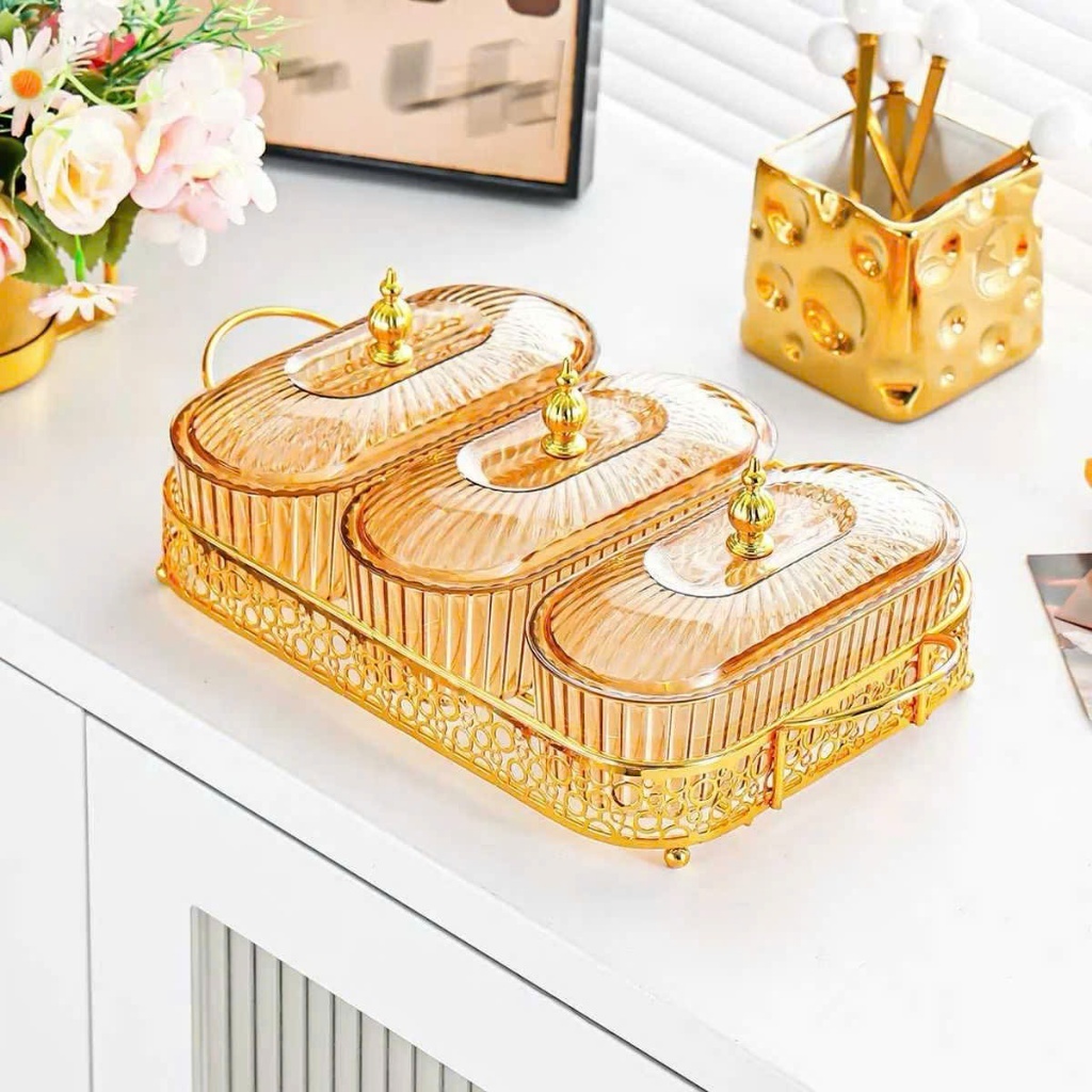 (MẪU MỚI) Khay nhựa đựng bánh kẹo kèm đế kim loại 2 ngăn, 3 ngăn cao cấp,4 ngăn