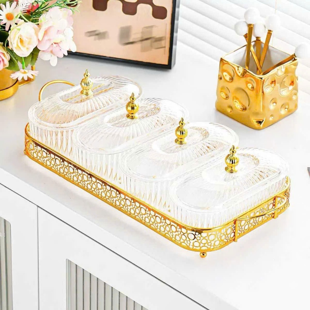(MẪU MỚI) Khay nhựa đựng bánh kẹo kèm đế kim loại 2 ngăn, 3 ngăn cao cấp,4 ngăn