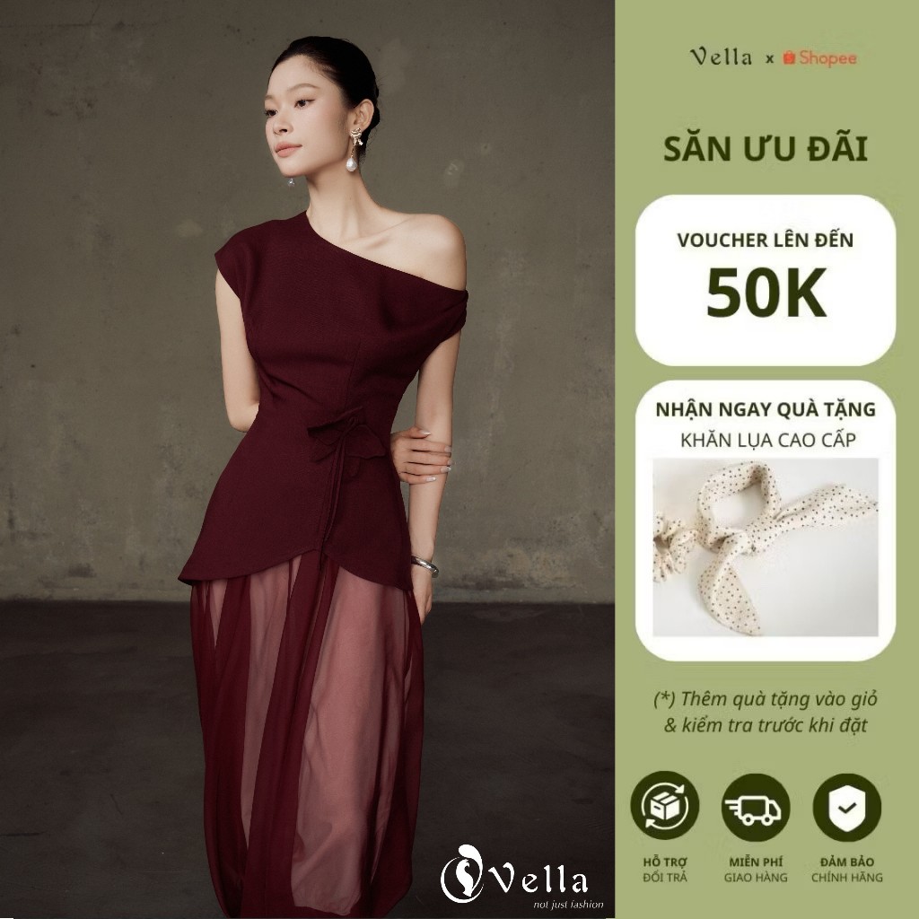 Đầm đi tiệc, sự kiện lệch vai đính hoa 3D phối voan cao cấp màu đỏ, đen Vella VD25096