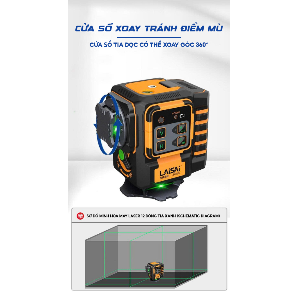 Máy Cân Bằng Laser 12 Tia Chuyên Nghiệp LAISAI LSG6652 – Thi Công Lát Gạch & Nội Thất, 2 pin, quét 360 độ, BH 12 tháng