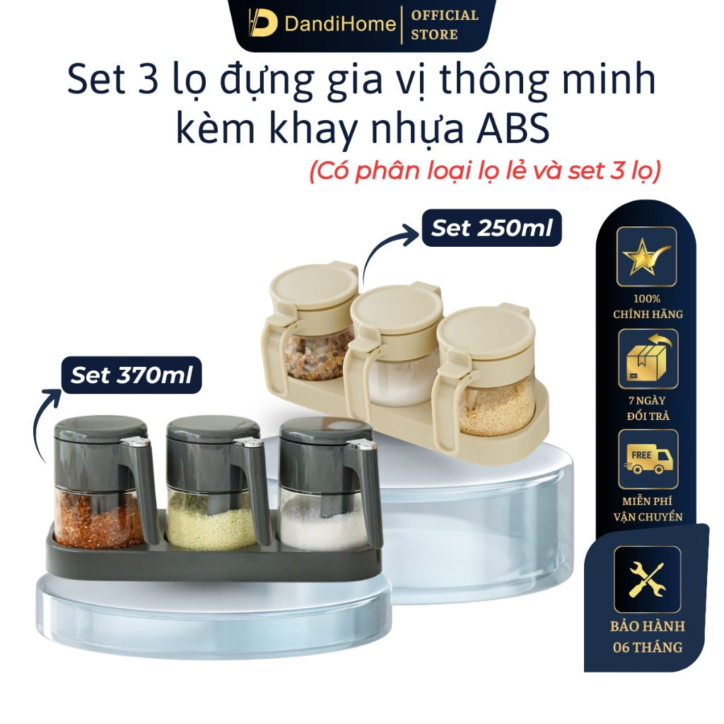 Set 3 hũ (lọ) đựng gia vị kèm khay DandiHome 250-370ml thủy tinh cao cấp tặng muỗng