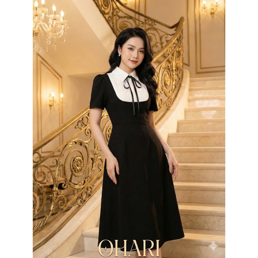 Đầm thiết kế OHARI - Đầm cổ sơ mi giả yếm dáng chữ A, Đầm công sở dáng chữ A OHA03