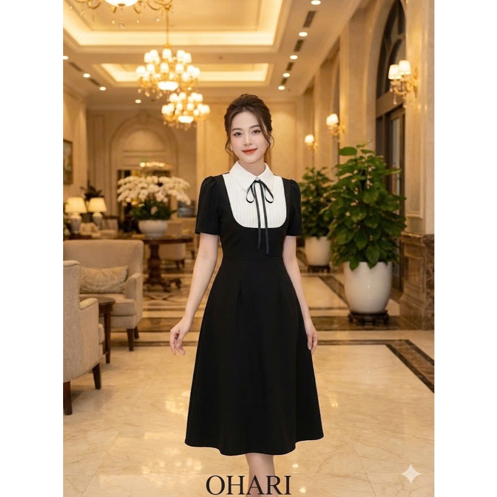 Đầm thiết kế OHARI - Đầm cổ sơ mi giả yếm dáng chữ A, Đầm công sở dáng chữ A OHA03