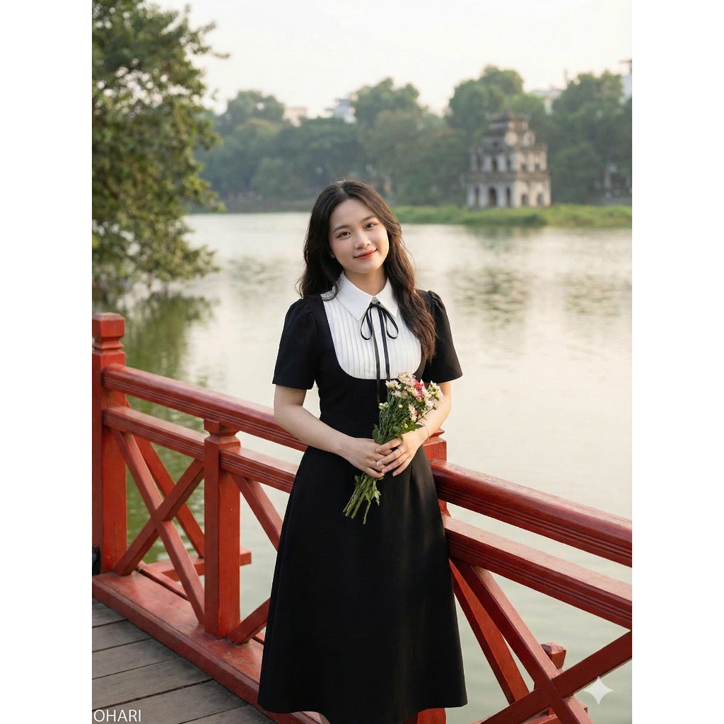 Đầm thiết kế OHARI - Đầm cổ sơ mi giả yếm dáng chữ A, Đầm công sở dáng chữ A OHA03