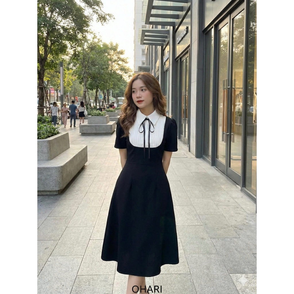 Đầm thiết kế OHARI - Đầm cổ sơ mi giả yếm dáng chữ A, Đầm công sở dáng chữ A OHA03