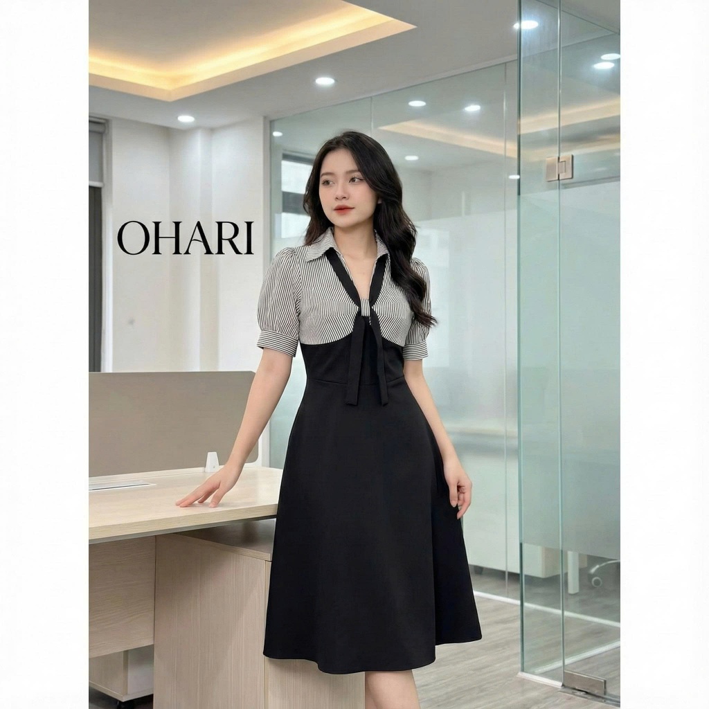 OHARI Váy tay phồng kẻ sọc phối nơ tiểu thư, váy cổ sơ mi phối sọc đi làm đi chơi đều xinh.