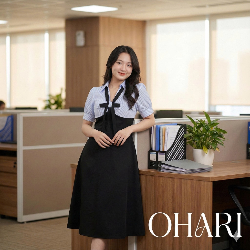 OHARI Váy tay phồng kẻ sọc phối nơ tiểu thư, váy cổ sơ mi phối sọc đi làm đi chơi đều xinh.