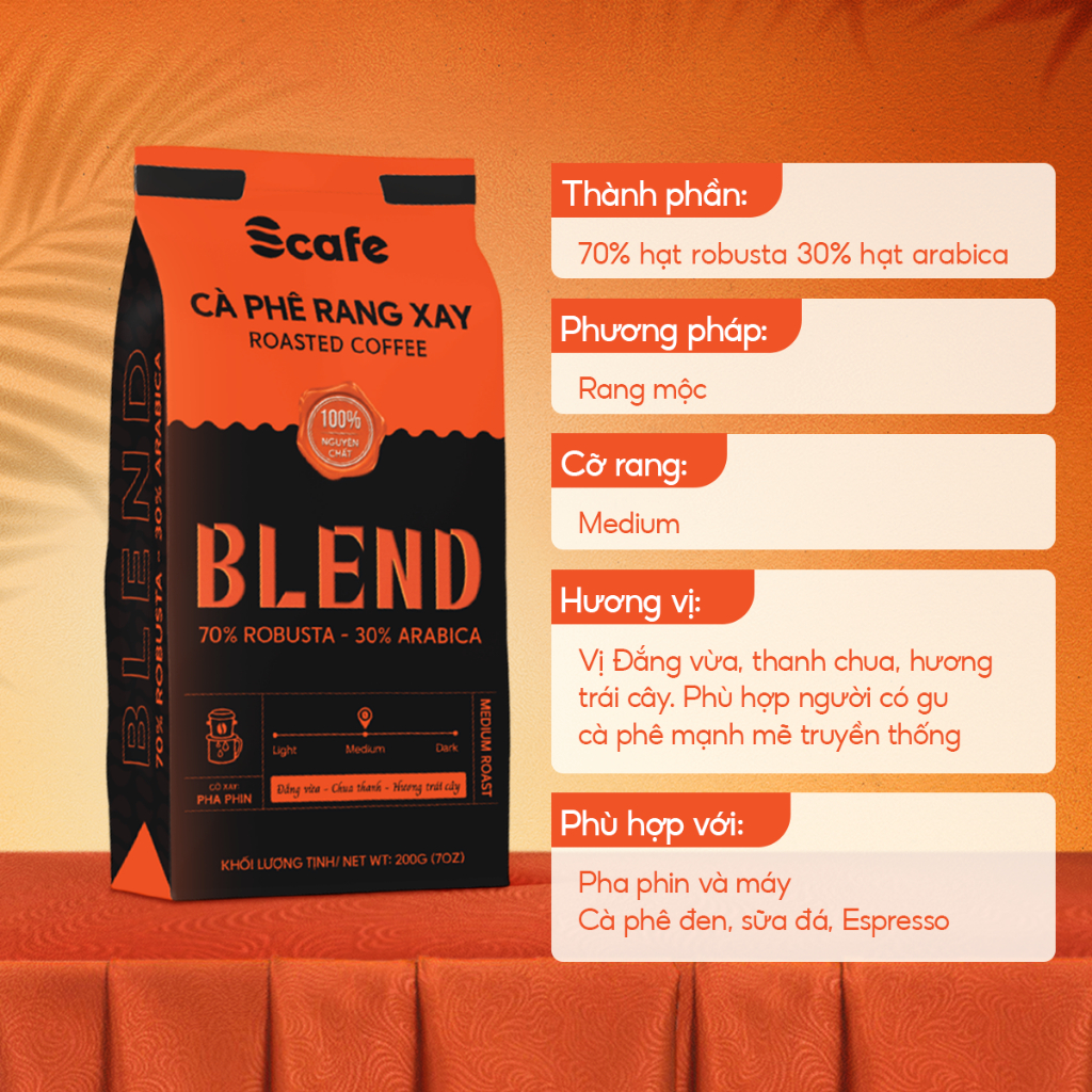Cà Phê Nguyên Chất BLEND 70% Robusta & 30% Arabica Rang Mộc Scafe Việt Nam