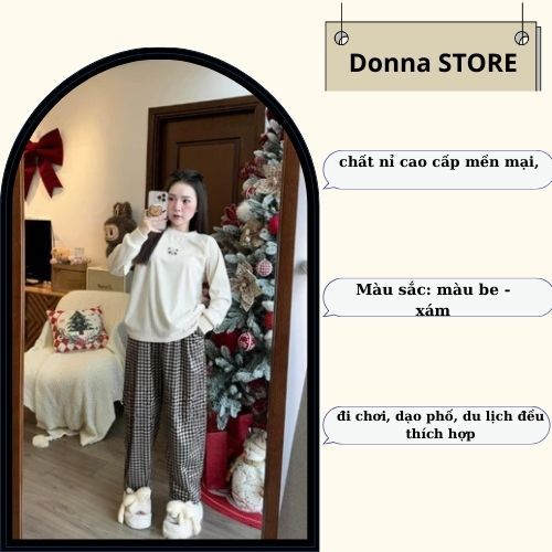 Set đồ nữ,đồ bộ nữ DONNA HCOM3561 thu đông áo form rộng in hình gấu trúc mix quần kẻ caro dáng suông