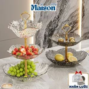 Đĩa Đựng Trái Cây 2-3 Tầng Vân Kim Cương Trong Suốt MAISON, Khay Đựng Bánh Kẹo Mứt Tết Sâu Lòng Decor Tiệc Trà