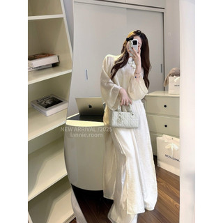 Set Bộ Áo Dài Gấm Phối Tơ Trắng Tinh Mix Quần 2 Lớp, Set Áo Dài Trắng Lannie Phối Quần Suông