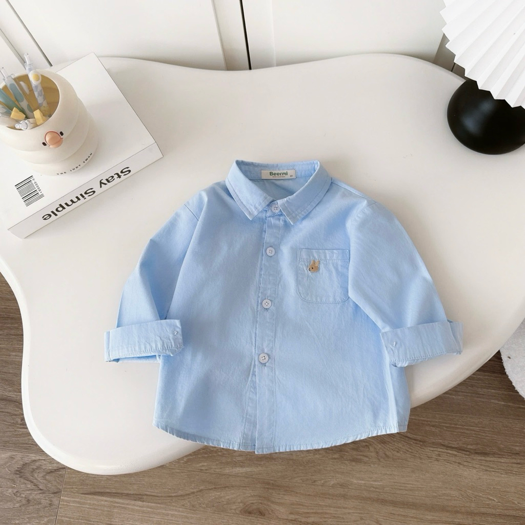 Áo sơ mi dài tay Beermi chất liệu thô lụa phối hình thêu nhỏ xinh Phong cách Hàn cho bé trai 9-28kg