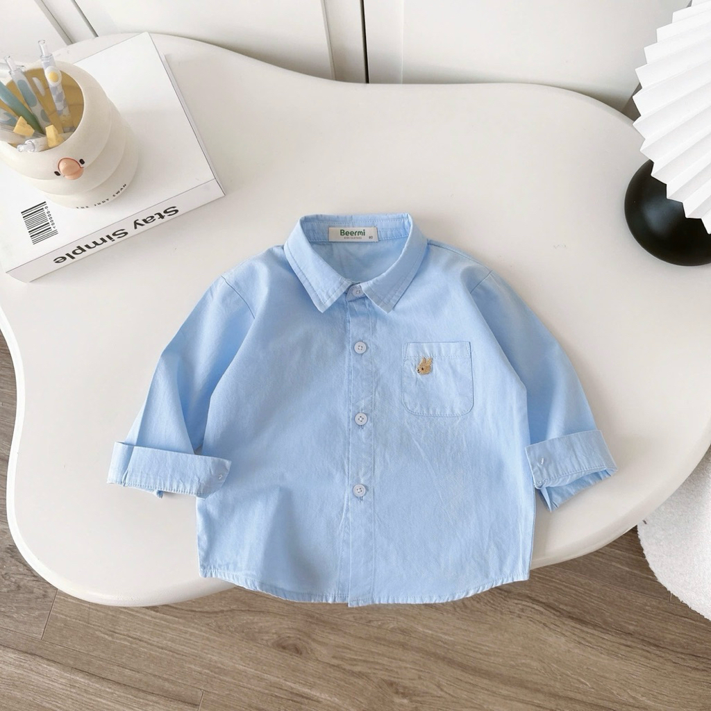 Áo sơ mi dài tay Beermi chất liệu thô lụa phối hình thêu nhỏ xinh Phong cách Hàn cho bé trai 9-28kg