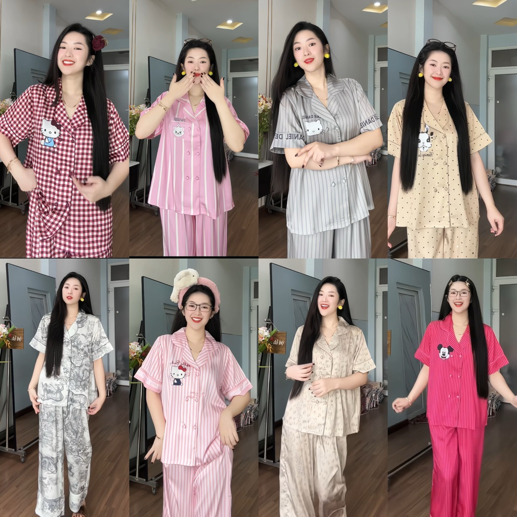 45-65kg Bộ ngủ set pijama TAY NGẮN form VEST RỘNG DÀI Sang phom QC mềm mịn mát