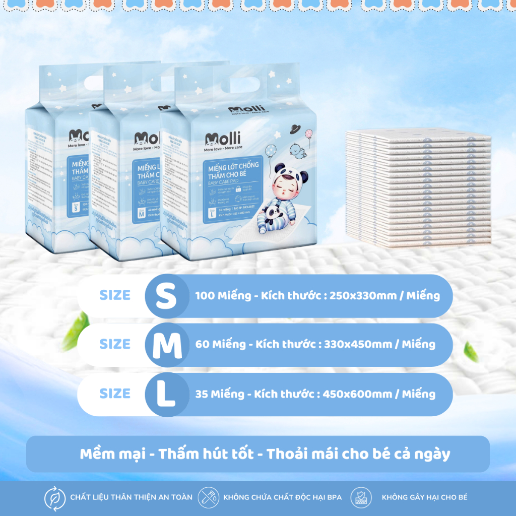 Tấm Lót Chống Thấm Dùng Một Lần Molli Cho Bé, Size S/M/L, đa dạng kích thước gói, thấm hút, tiện lợi
