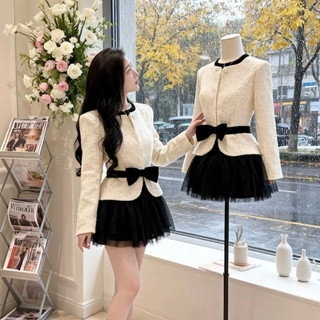 [S2.4254] Set Dạ Tweed Kim Tuyến Đai Eo Nơ Đen Mix Chân Váy Tơ Xoè Bồng Hàng 2 Lớp Dày Dặn