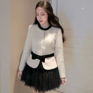 [S2.4254] Set Dạ Tweed Kim Tuyến Đai Eo Nơ Đen Mix Chân Váy Tơ Xoè Bồng Hàng 2 Lớp Dày Dặn