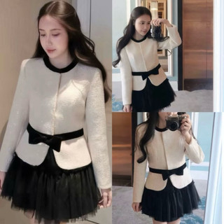 [S2.4254] Set Dạ Tweed Kim Tuyến Đai Eo Nơ Đen Mix Chân Váy Tơ Xoè Bồng Hàng 2 Lớp Dày Dặn
