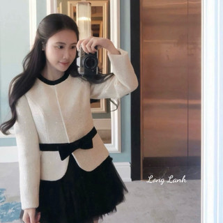 [S2.4254] Set Dạ Tweed Kim Tuyến Đai Eo Nơ Đen Mix Chân Váy Tơ Xoè Bồng Hàng 2 Lớp Dày Dặn