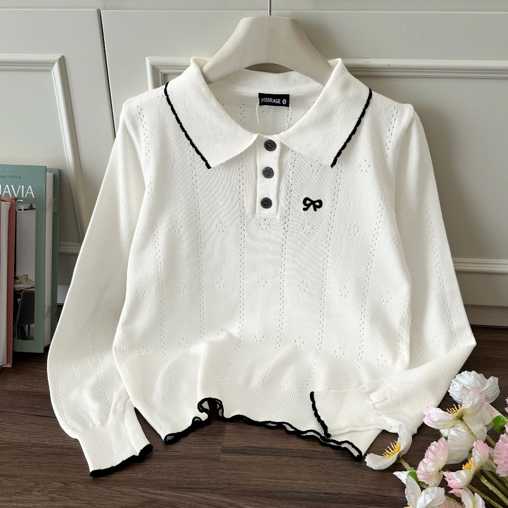 Áo Len Tay Dài Mirage Thêu Nơ Trắng Local Brand, Chất Len Mềm Mịn.
