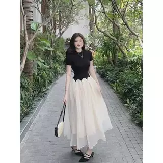 Đầm thun ôm đen tay ngắn tùng xòe dáng maxi MAYBI