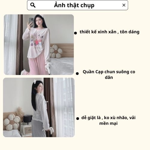 Set đồ nữ, đồ bộ nữ DONNA HCOM26659 thu đông áo thun kẻ ngang mix quần suông viền ren siêu xinh