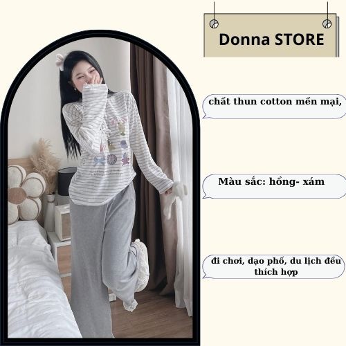 Set đồ nữ, đồ bộ nữ DONNA HCOM26659 thu đông áo thun kẻ ngang mix quần suông viền ren siêu xinh