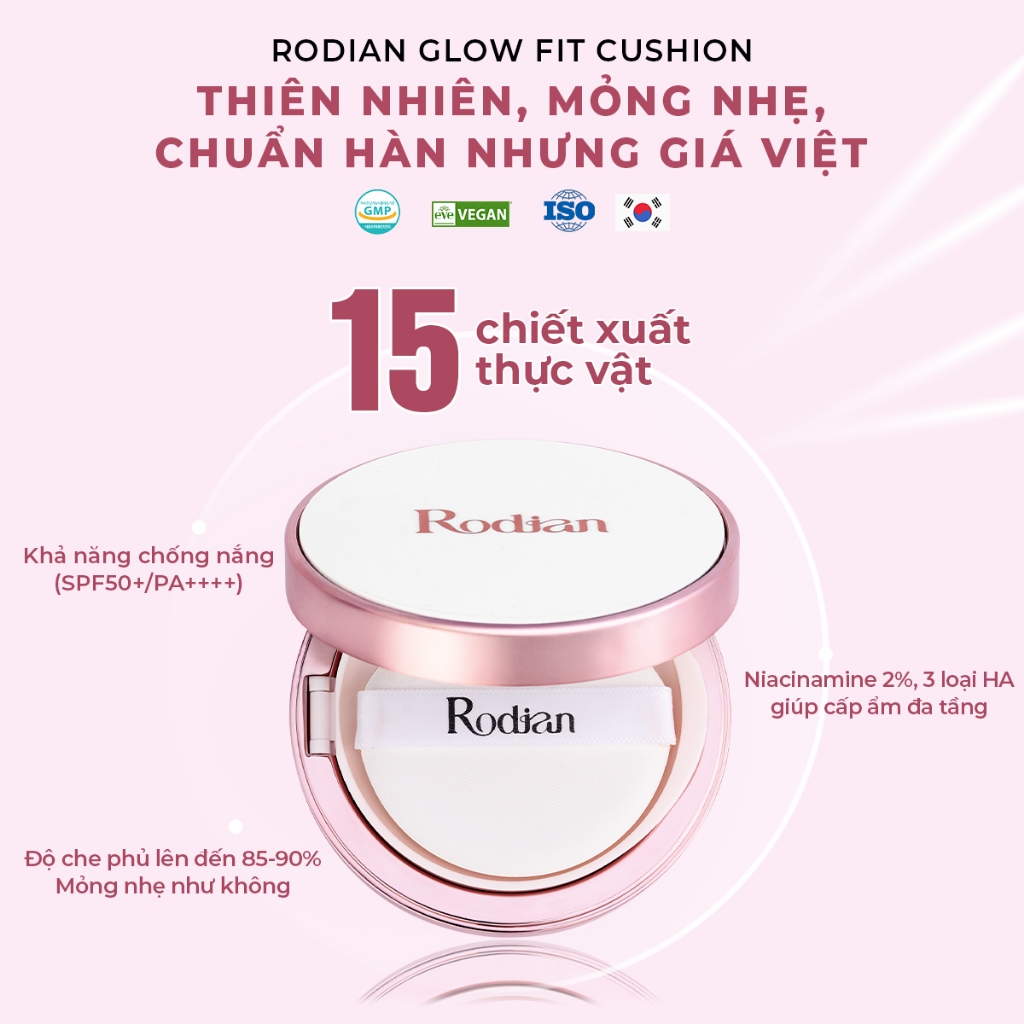 Cushion Chống Nắng Rodian Glow Fit SPF50+ 12g - Phấn Nước Che Phủ Hoàn Hảo Bền Màu Đến 12H