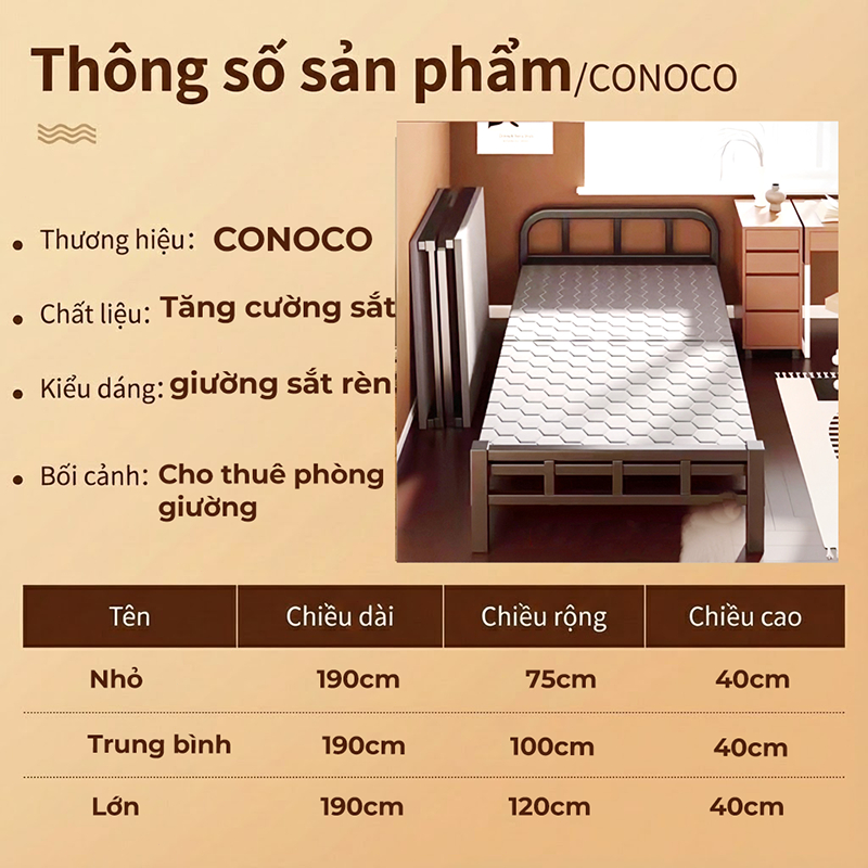CONOCO Giường Gấp Gọn Kèm Đệm 75-120cm Giường Xếp Văn Phòng Khung Thép Bảo Hành 12 Tháng