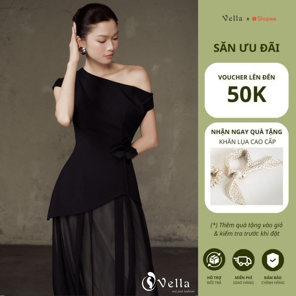 Đầm đi tiệc, sự kiện lệch vai đính hoa 3D phối voan cao cấp màu đen, đỏ Vella VD25096