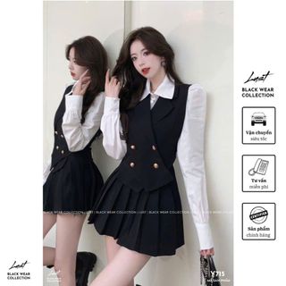 Set đồ nữ thiết kế áo sơ mi kèm gile chéo vạt mix chân váy xếp ly LUST Bộ đồ nữ sang chảnh Y715