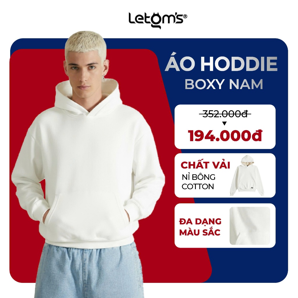 Áo Hoodie Nam Boxy LeTom’s Nỉ Bông Cotton – Hoodie Nam Form Rộng Basic Co Giãn Giữ Ấm Nhiều Màu