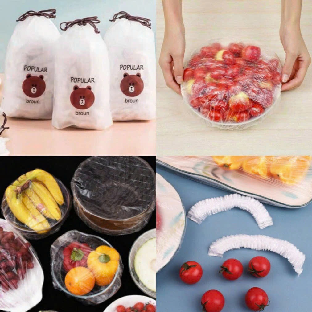 Màng bọc thực phẩm co giãn siêu dai có chun hình gấu set túi 100 chiếc tiện ích