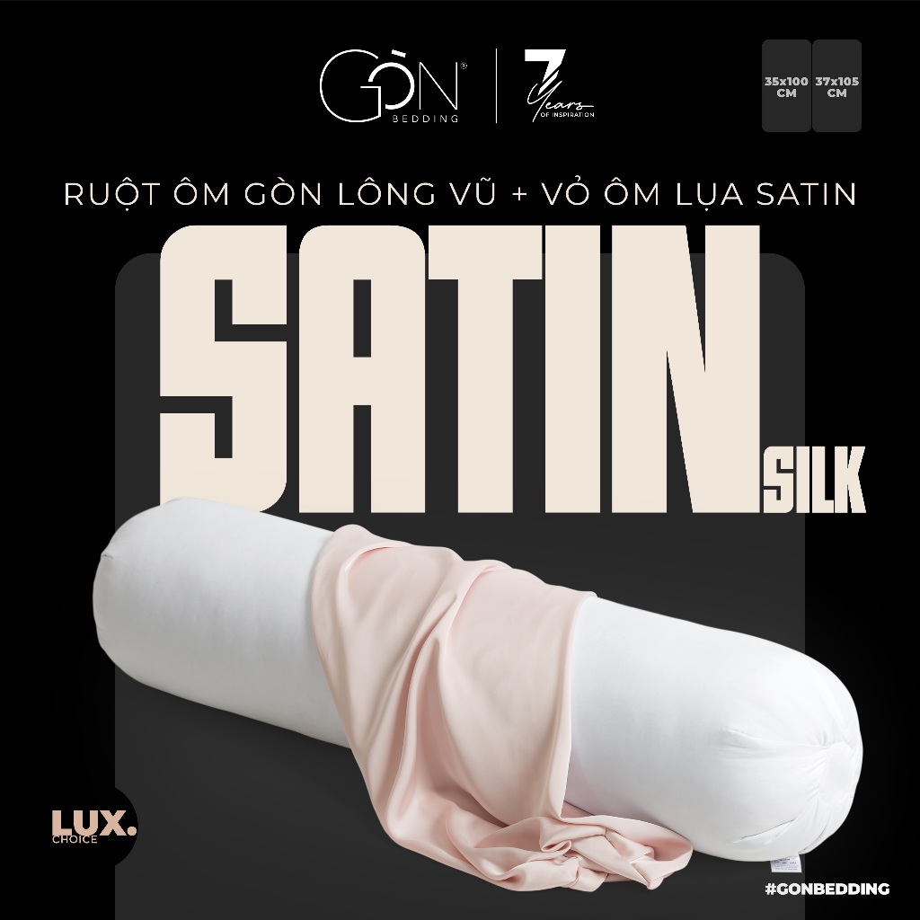 Combo Ruột Gối Gòn Lông Vũ Và Vỏ Gối Ôm Lụa Satin Premium Gòn Bedding Cao Cấp Màu Trơn Khóa Kéo 37x105 cm