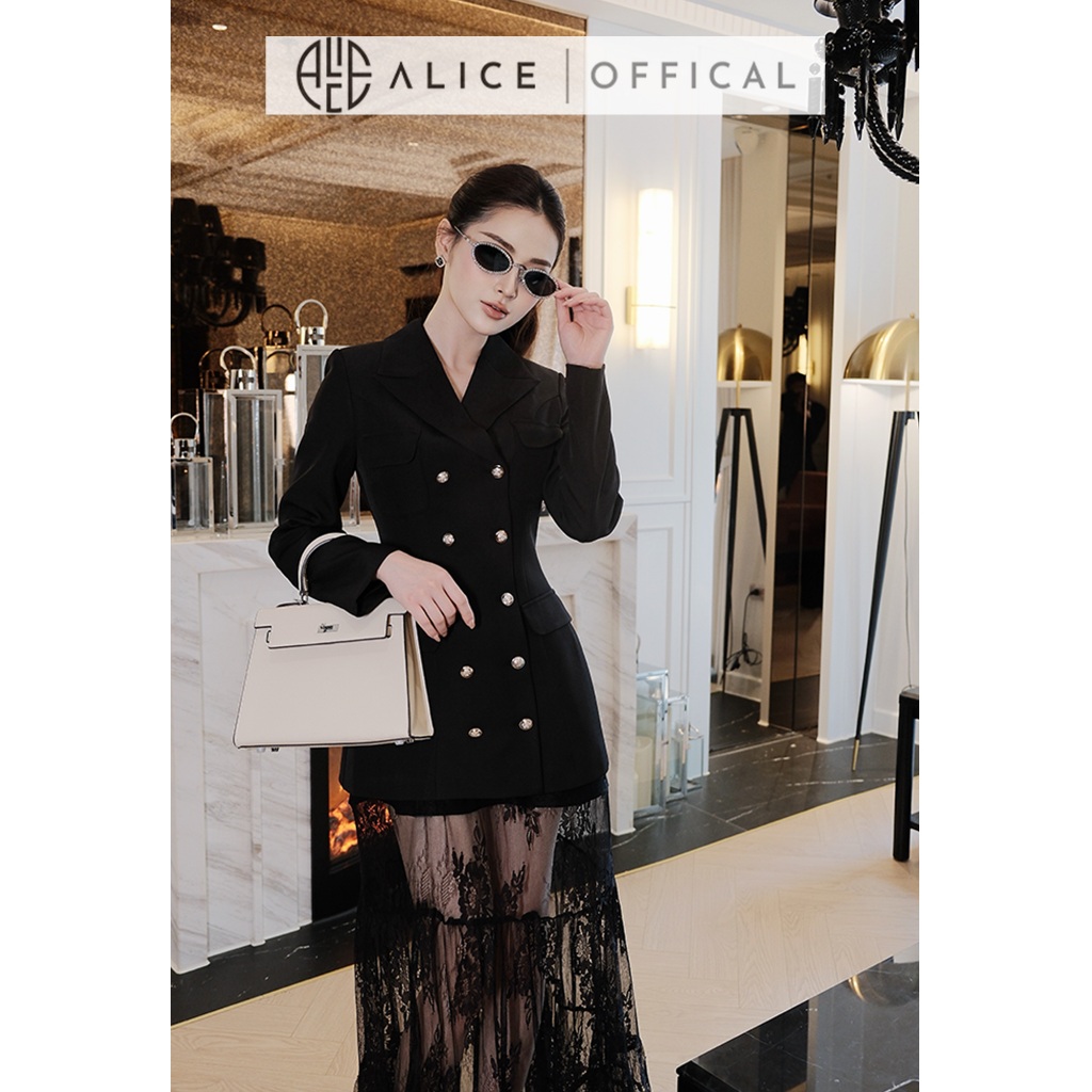 Set Đồ Thu Đông Alice, Áo Chất Dạ Lót Lụa Dáng Dài 2 Hàng Cúc Phối Chân Váy Ren Có Lót Quần S1003