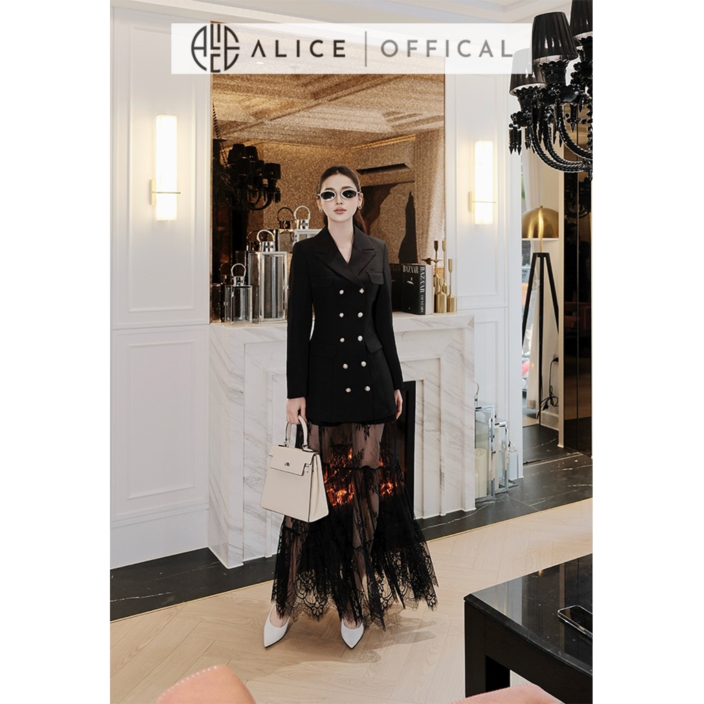 Set Đồ Thu Đông Alice, Áo Chất Dạ Lót Lụa Dáng Dài 2 Hàng Cúc Phối Chân Váy Ren Có Lót Quần S1003