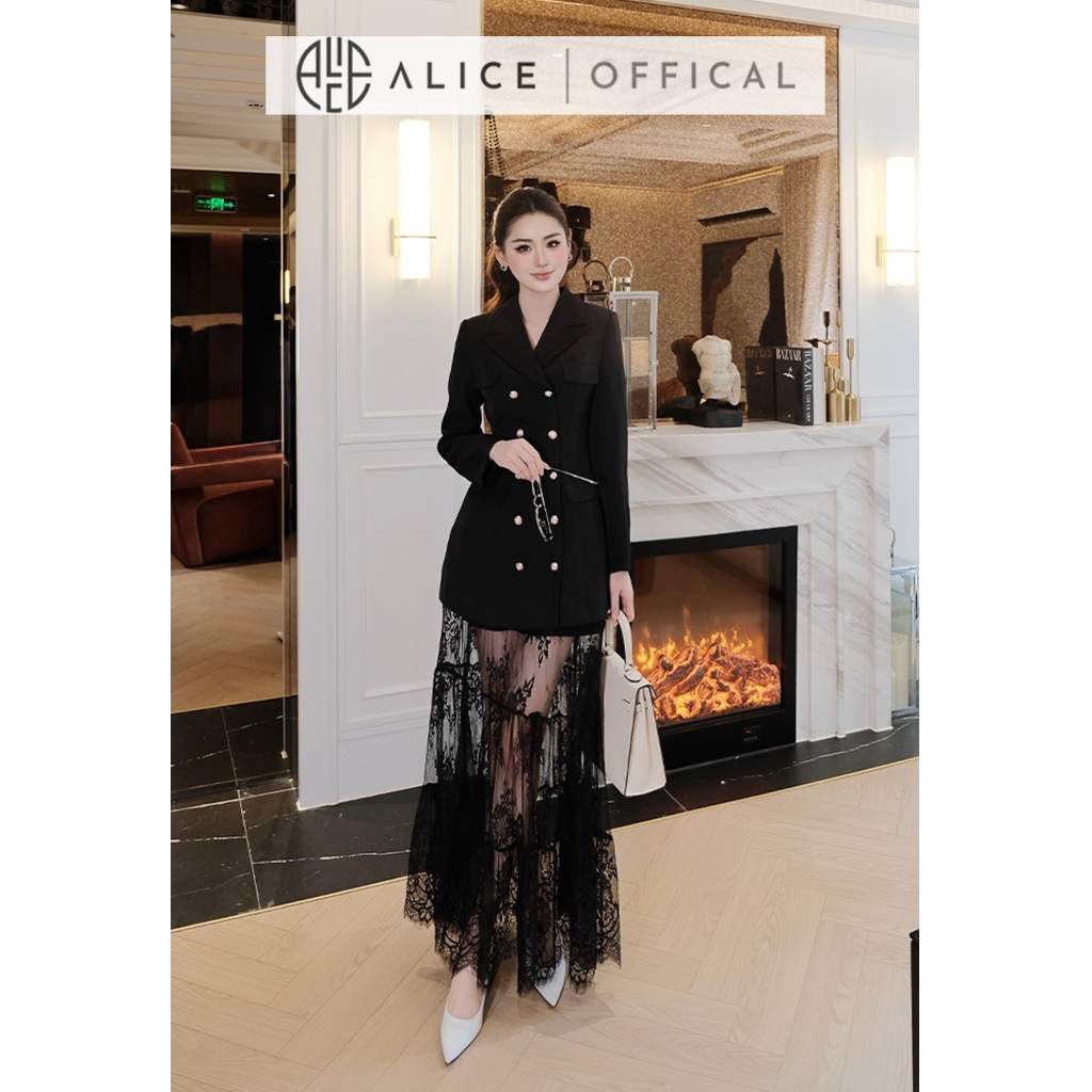 Set Đồ Thu Đông Alice, Áo Chất Dạ Lót Lụa Dáng Dài 2 Hàng Cúc Phối Chân Váy Ren Có Lót Quần S1003