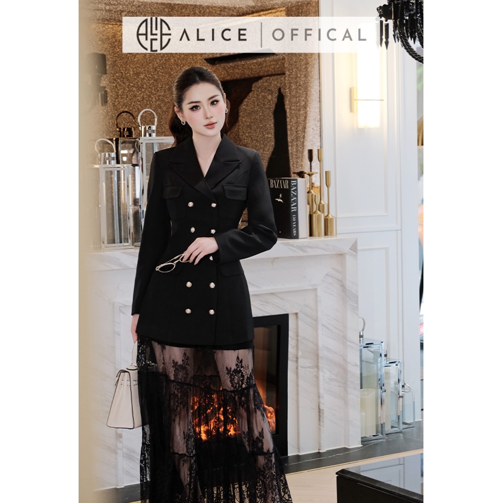 Set Đồ Thu Đông Alice, Áo Chất Dạ Lót Lụa Dáng Dài 2 Hàng Cúc Phối Chân Váy Ren Có Lót Quần S1003